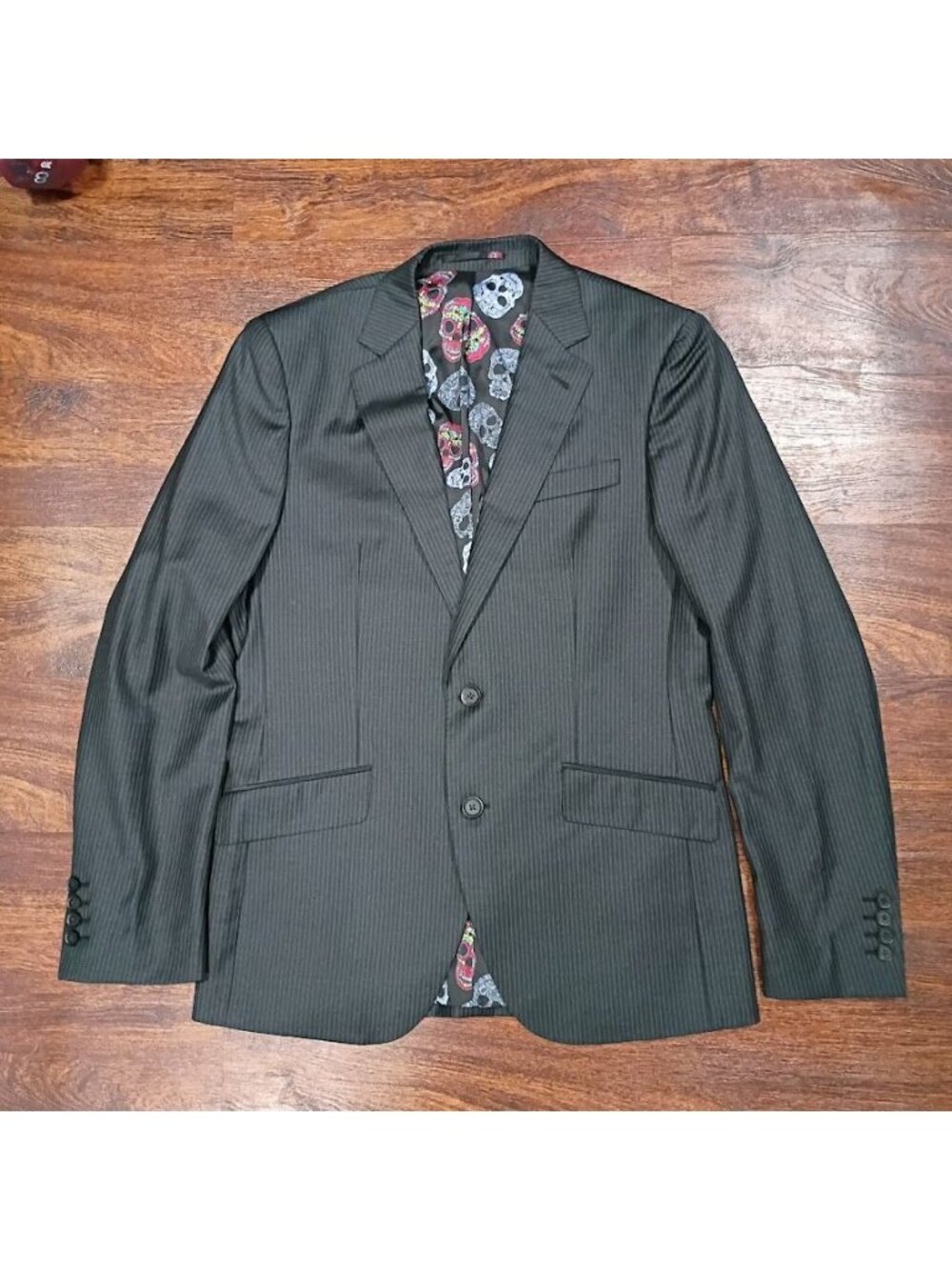 Sabestian Grey M Dark Gray Pinstripe Suit Blazer With Skull Liner Modern Slim Fi - Picture 10 of 15